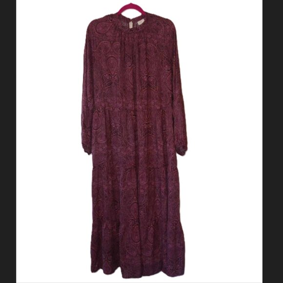 a new day Dresses & Skirts - A New Day Burgundy Wine Paisley Long Sleeve Tiered Midi Dress XXL NWOT